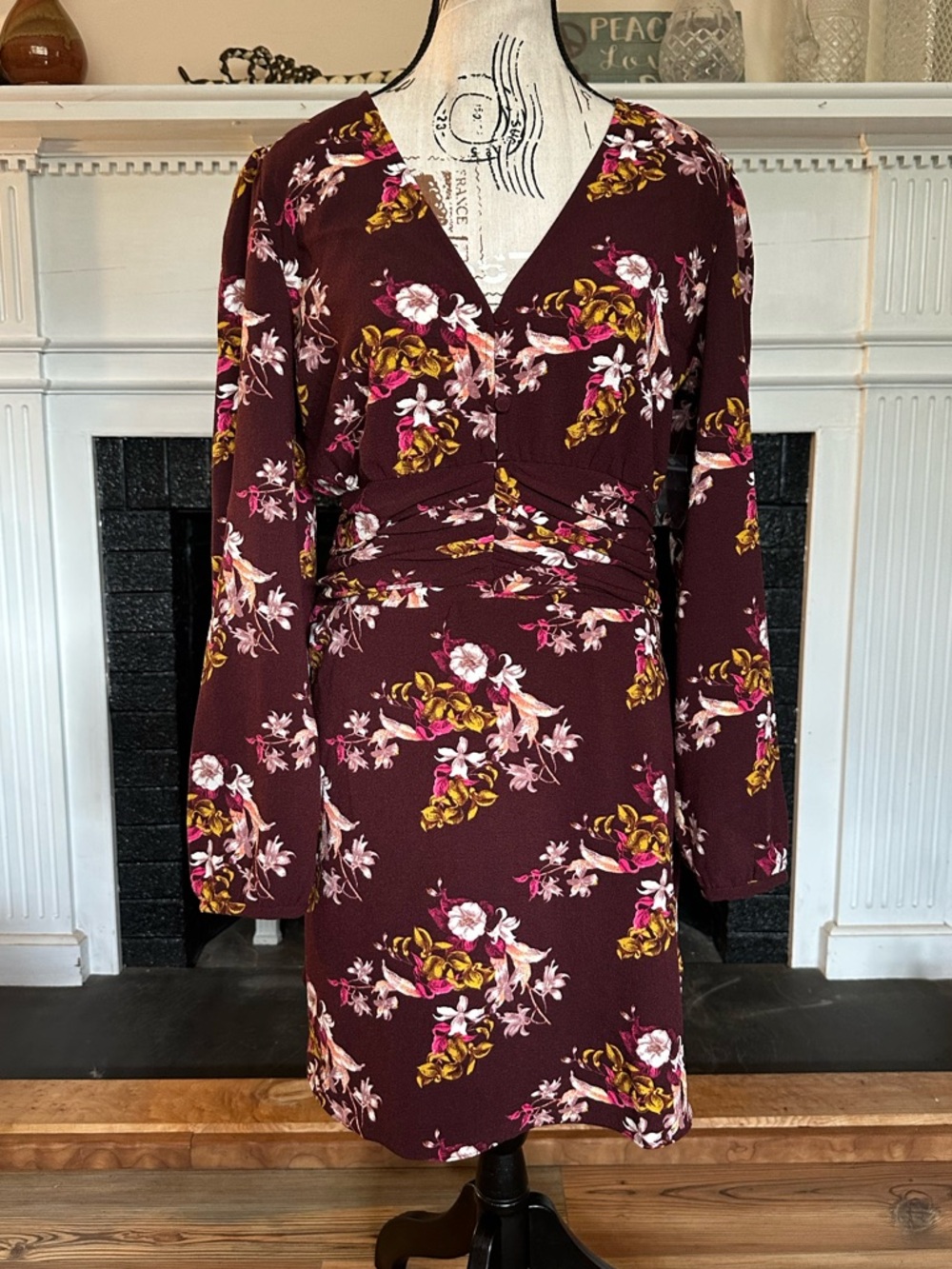 Chelsea28 Burgundy Floral Ruched Waist Mini Dress Long Sleeve V Neck M NWT